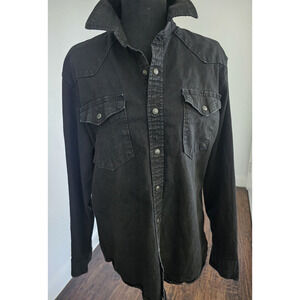 Wrangler Denim Button Up Pearl Snap Western Black Trucker Shirt Thick Size M